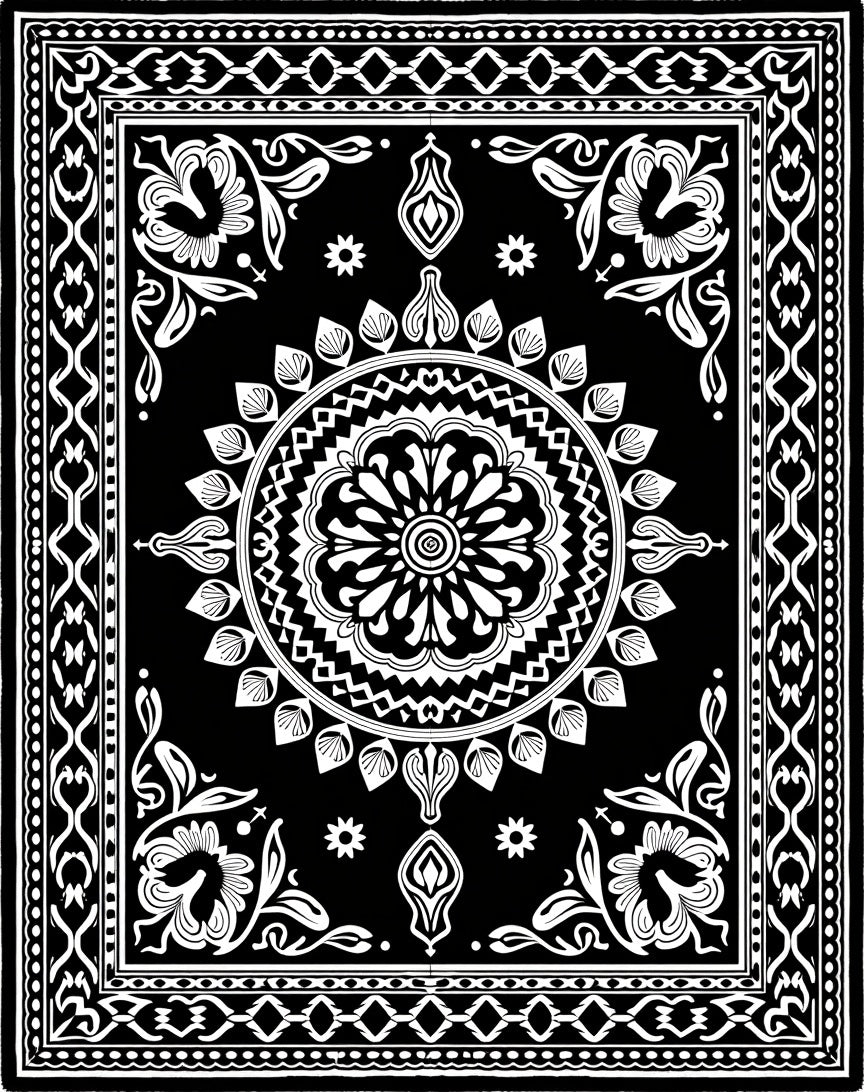Classic Black White Floral Medallion Rug