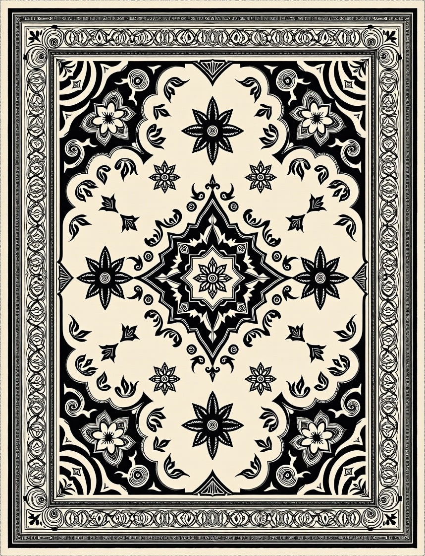 Vintage Floral Medallion Black Cream Rug