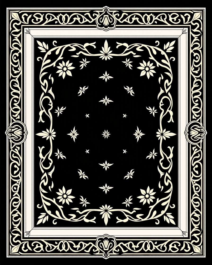 Black Cream Floral Vine Motif Rug