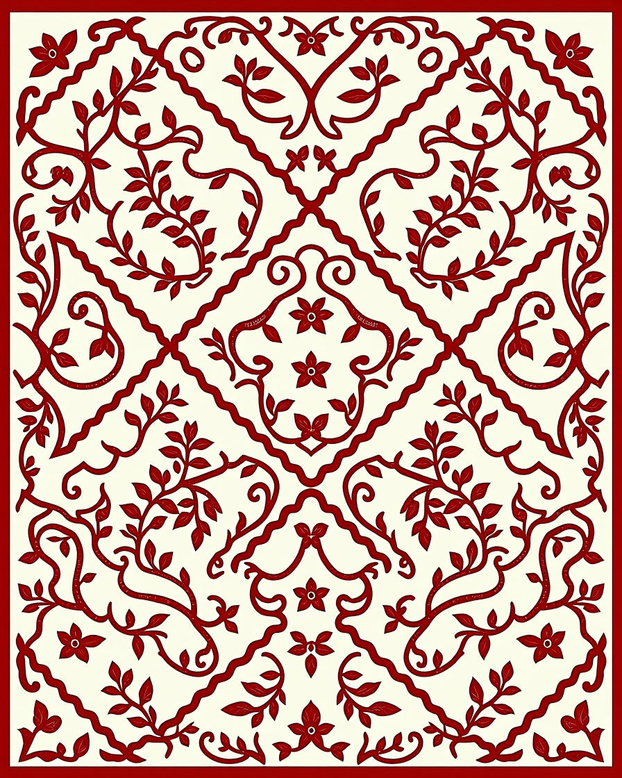 Red Floral Vine Patterned Rug