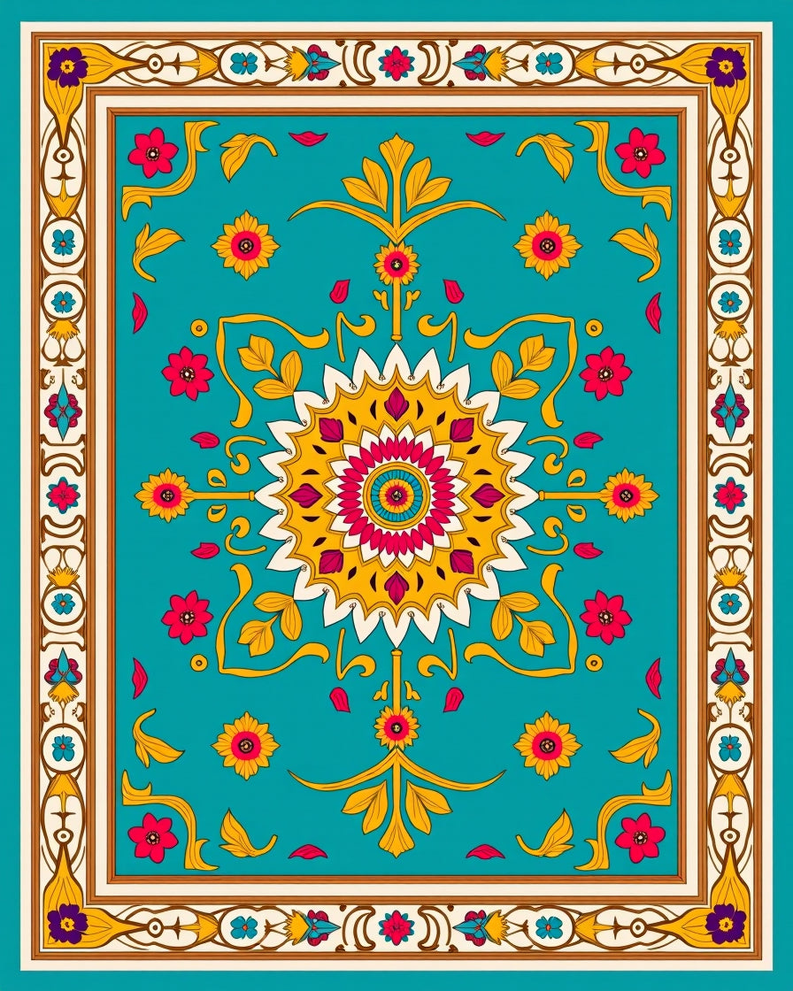 Colorful Floral Medallion Border Design Rug