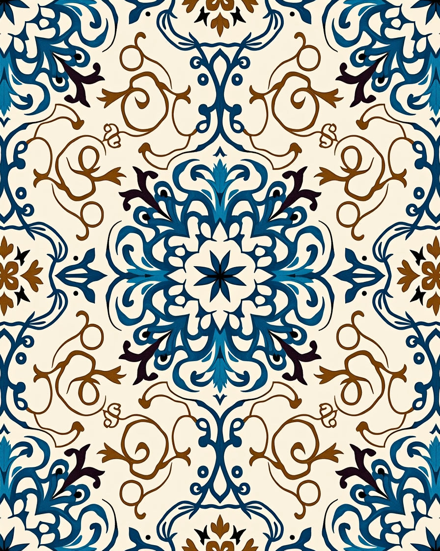 Ornate Blue Brown Floral Pattern Rug