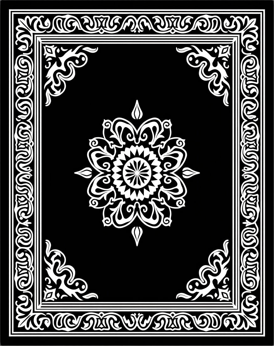Ornate Black White Floral Frame Rug