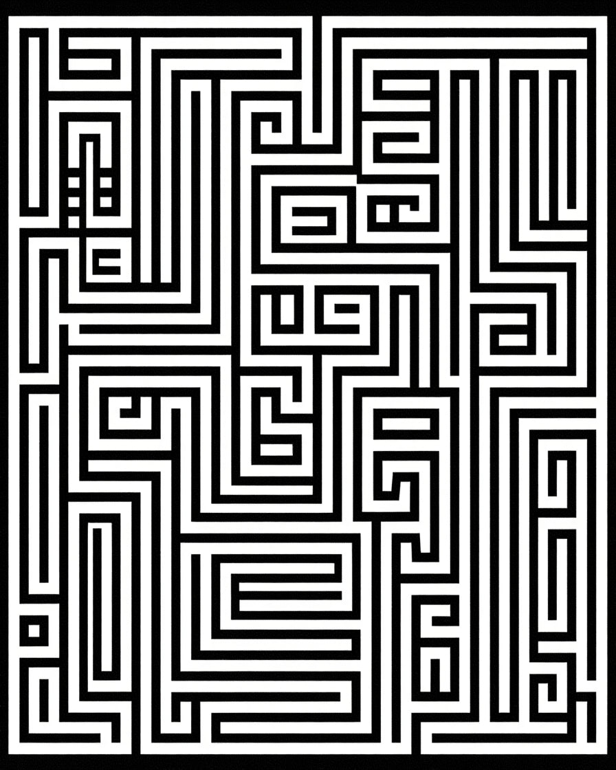 Black White Geometric Maze Pattern Rug