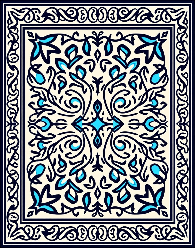 Ornate Blue Cream Floral Pattern Rug