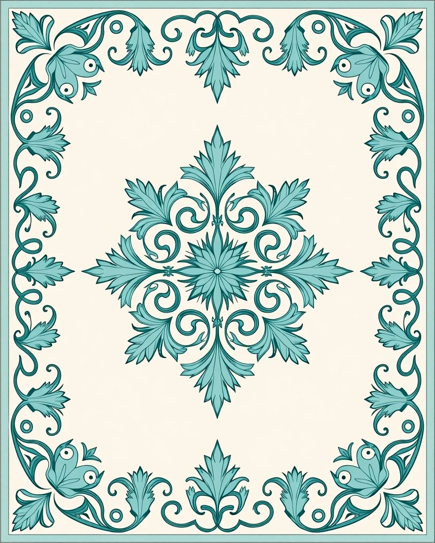 Teal Floral Swirl Detailed Pattern Rug