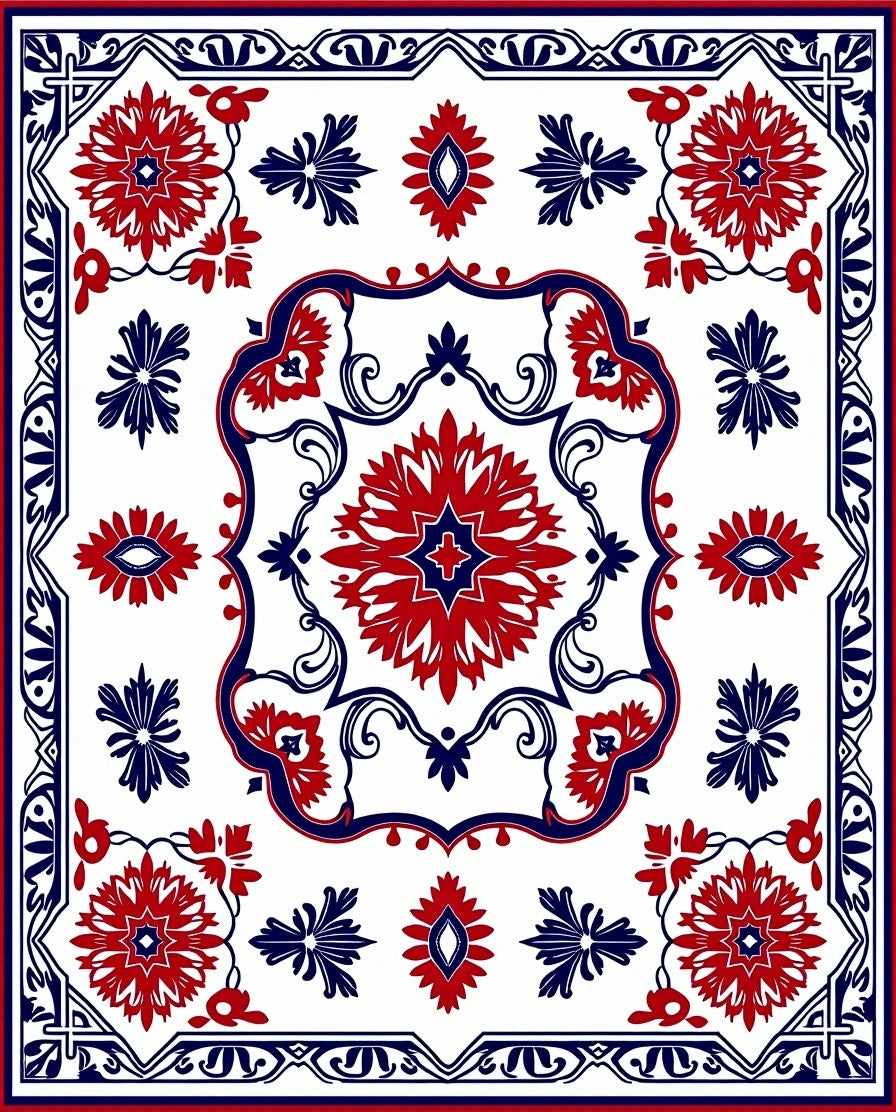 Red and Blue Floral medallion Tile Rug