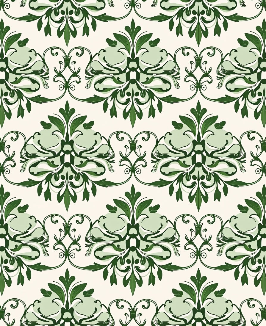 Ornate Green Floral Damask Pattern Rug