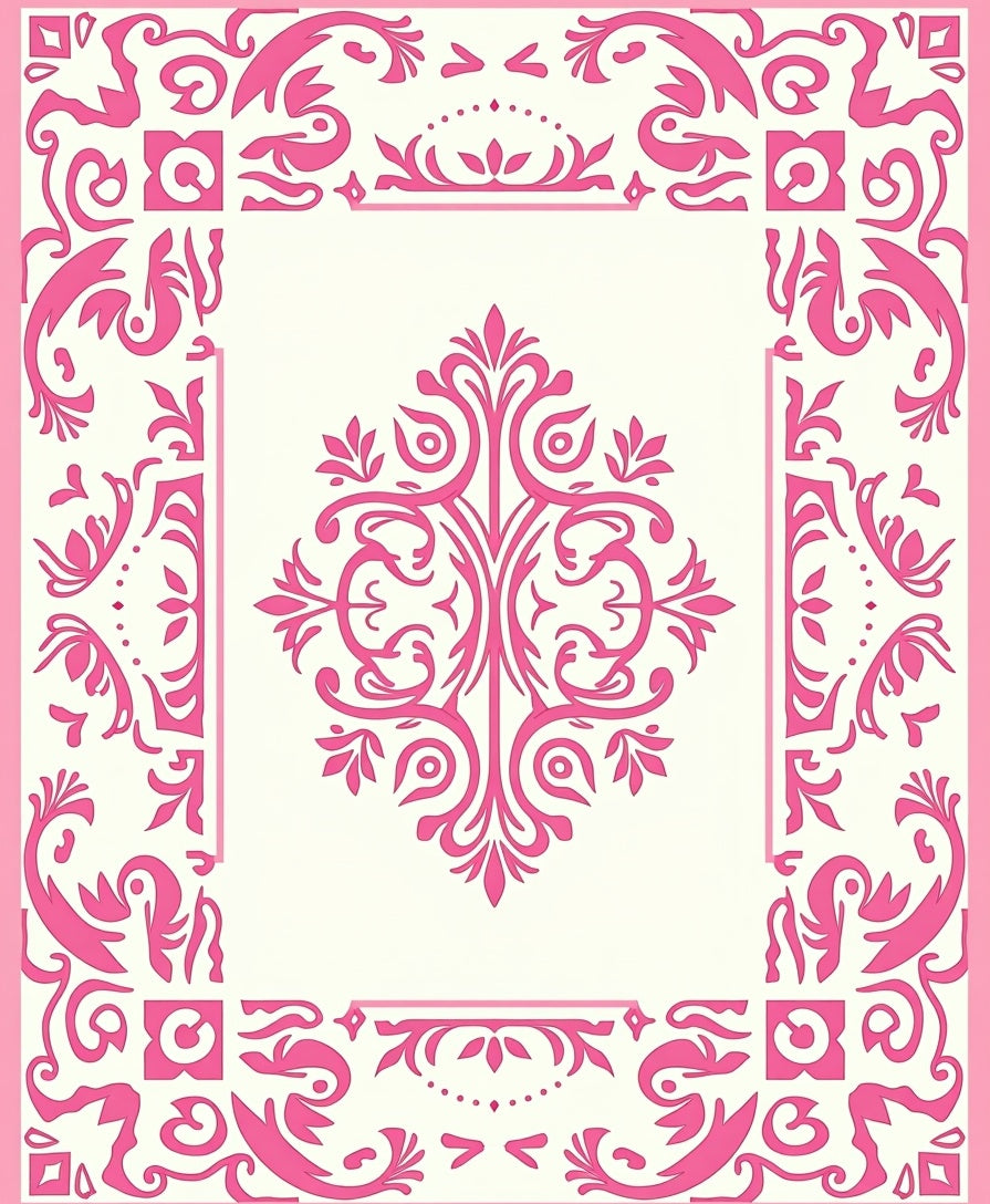 Ornate Pink Damask Border Rug