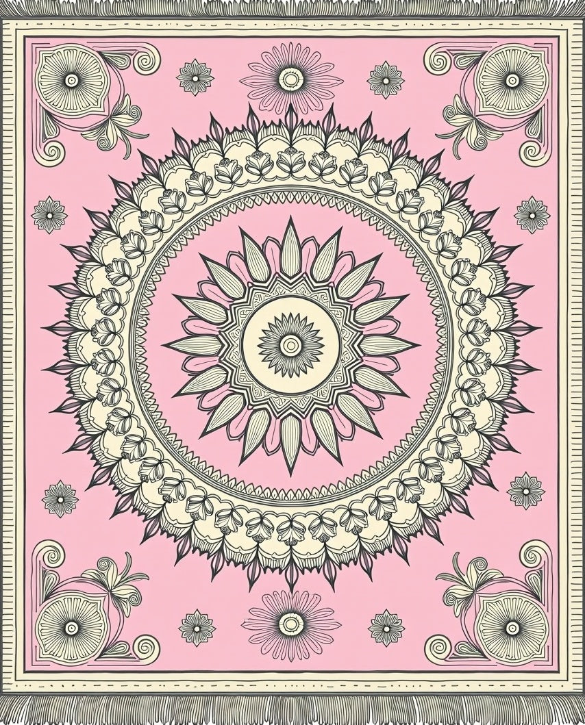 Pink Floral Medallion Mandala Square Rug