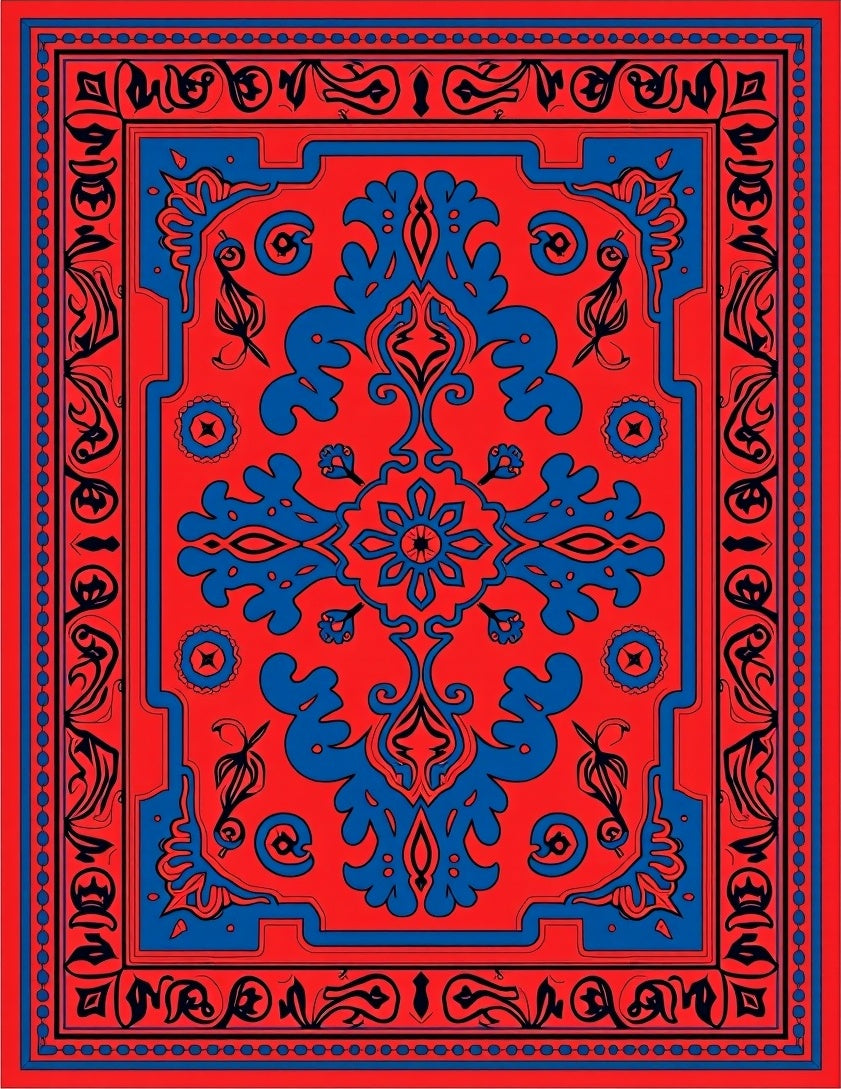 Bold Geometric Red Blue Pattern Design Rug