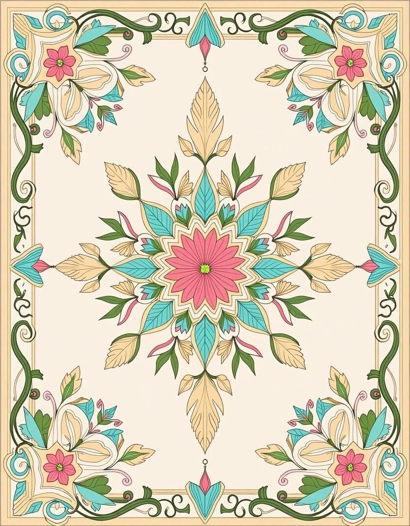 Floral Medallion Print With Vine Border Rug