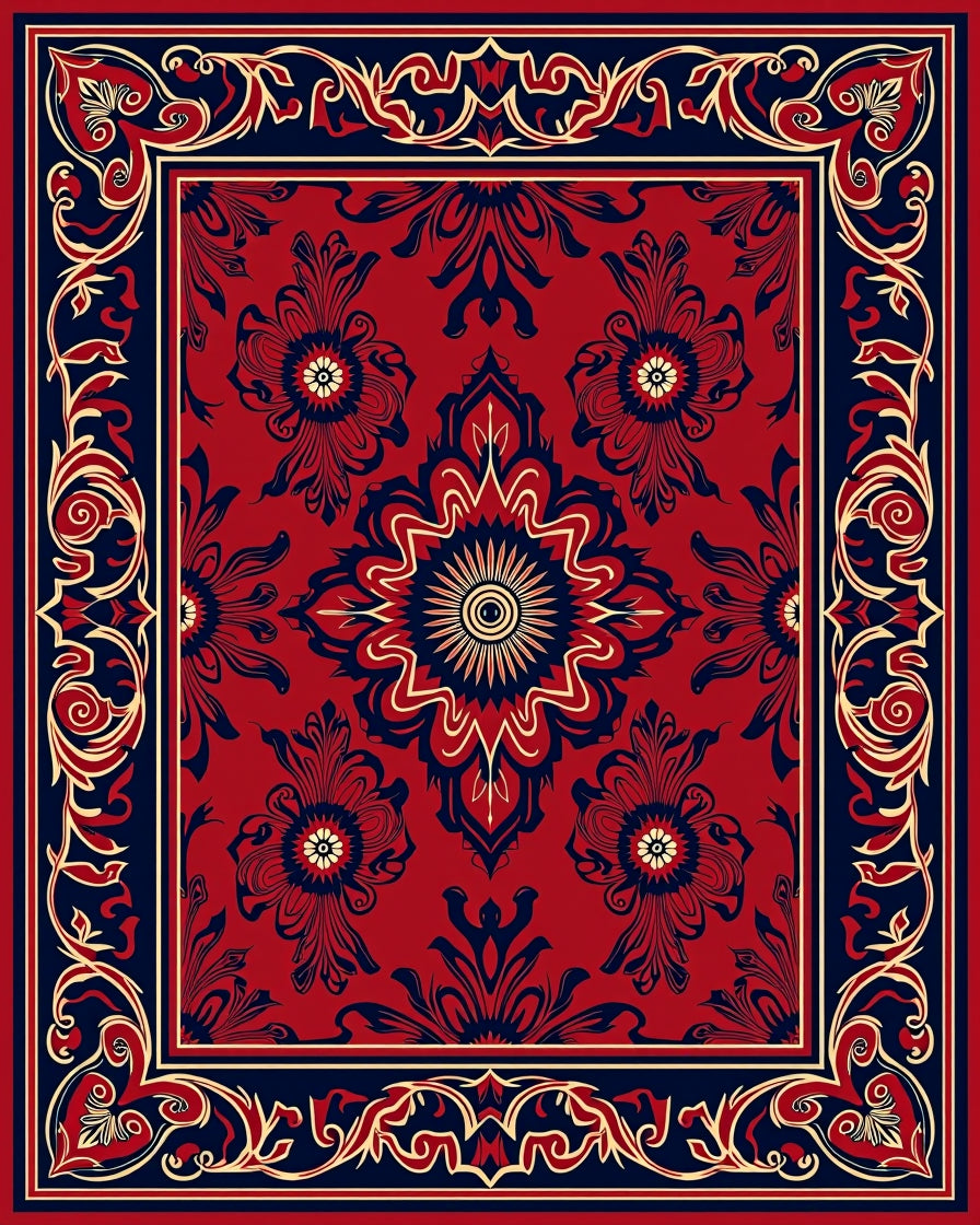Red Navy Gold Floral Medallion Pattern Rug