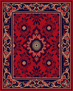 Red Navy Gold Floral Medallion Pattern Rug
