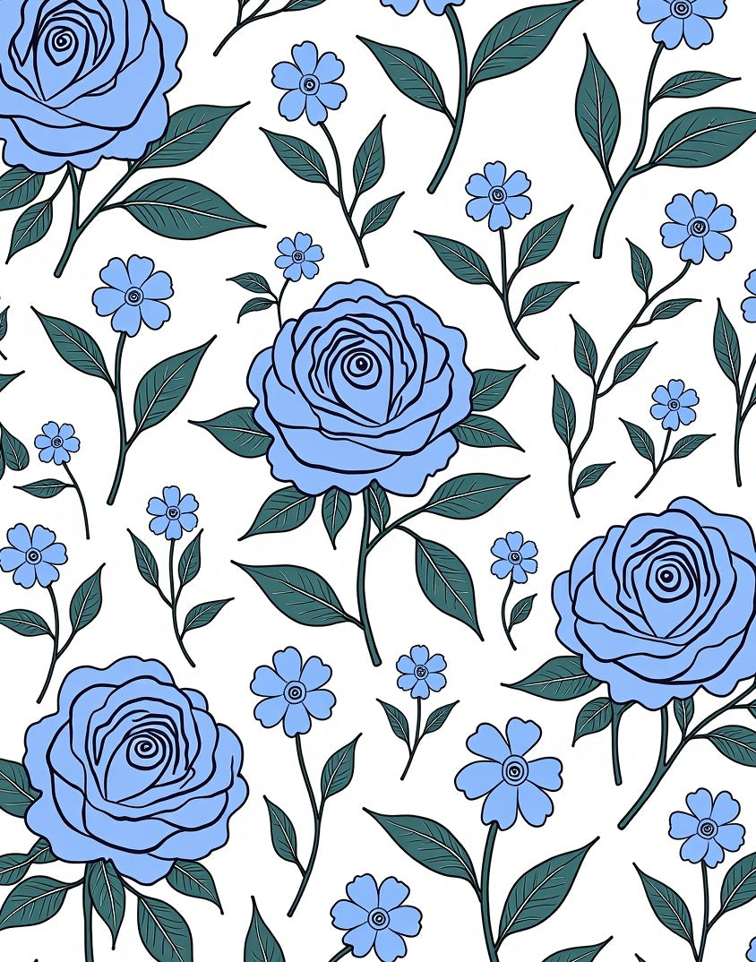 Blooming Blue Floral Outline Pattern Rug