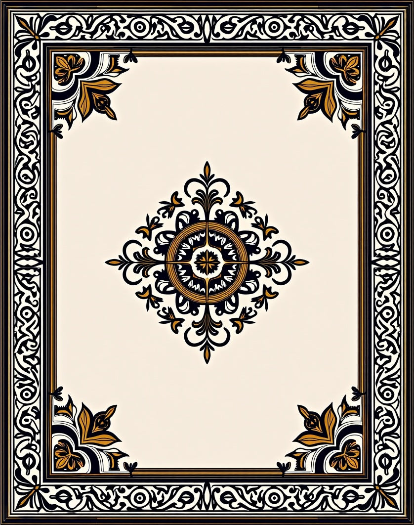 Elegant Black Gold Floral Border Design Rug