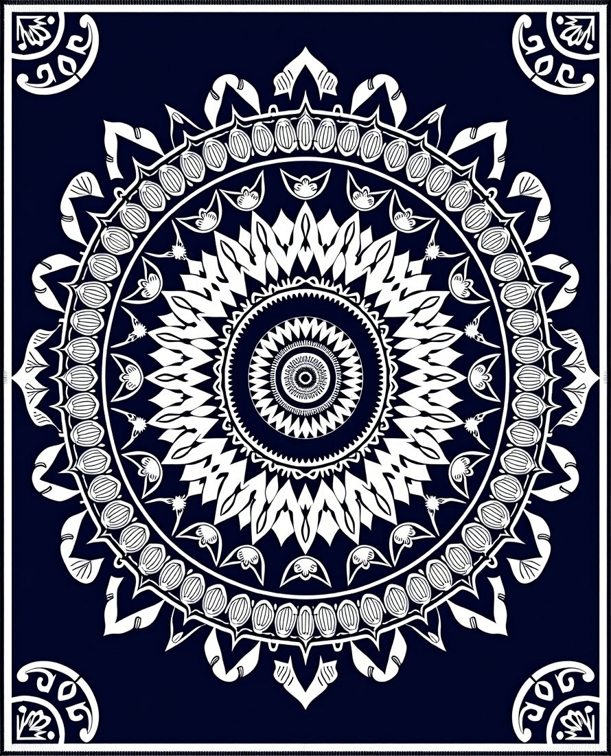 Navy White Floral Mandala Medallion Rug