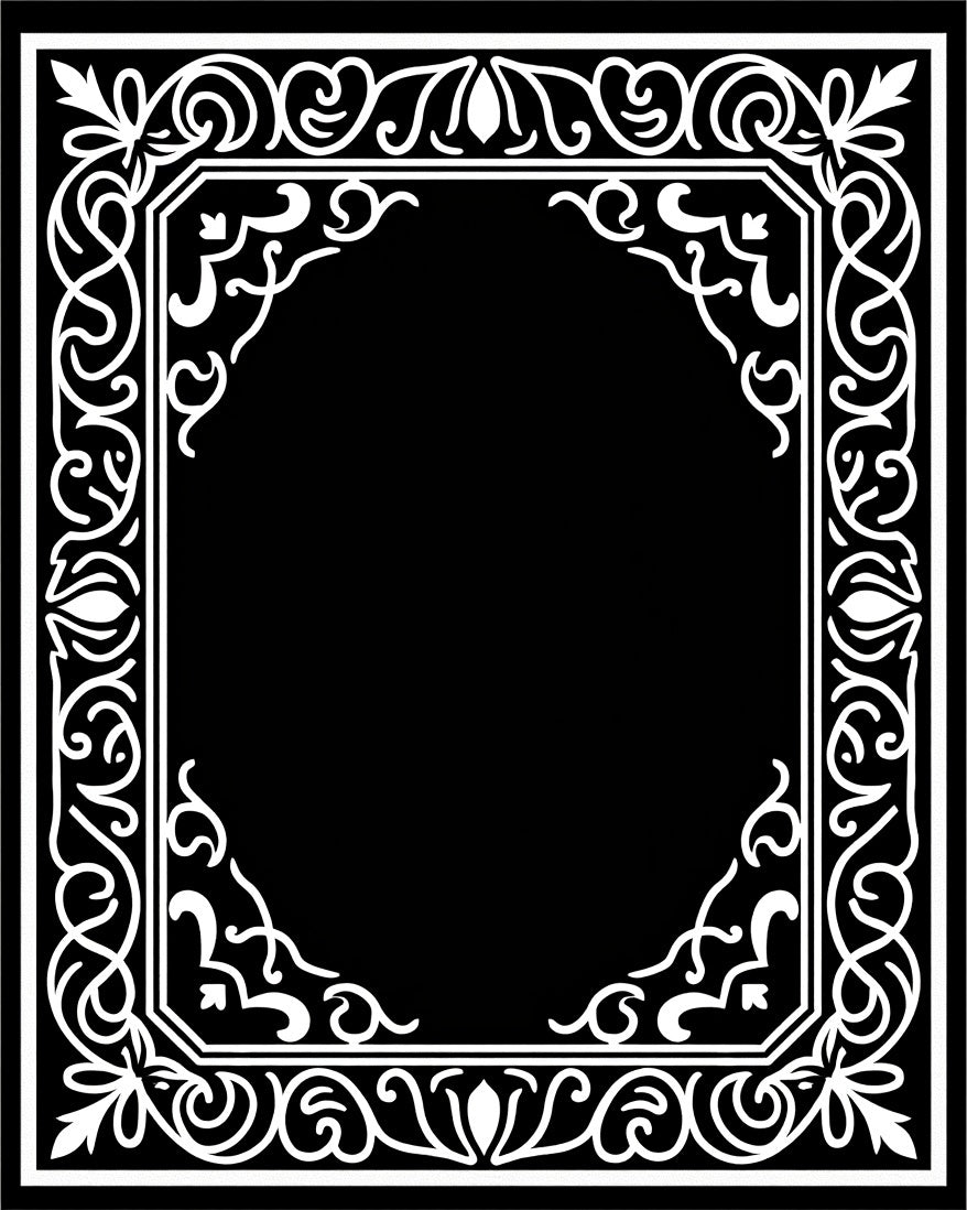 Elegant Black White Scrollwork Frame Rug