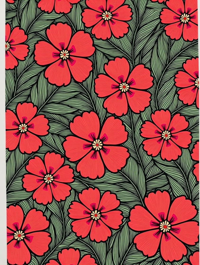 Bold Red Blossom And Green Leaf Pattern Rug