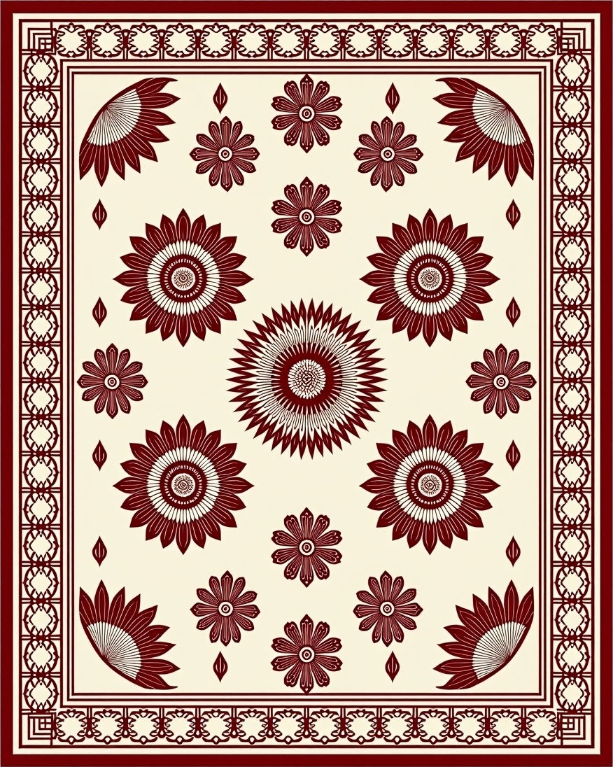 Radiant Sunburst Floral Border Design Rug