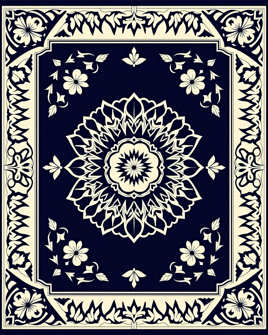 Navy Cream Floral Mandala Medallion Rug