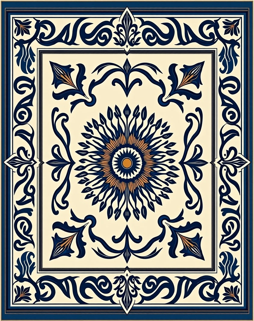 Navy Gold Floral Sunburst Medallion Rug