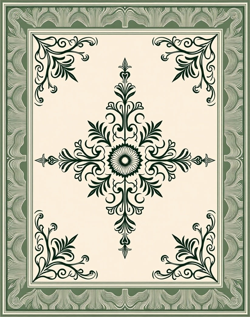 Elegant Creme Green Floral Medallion Rug