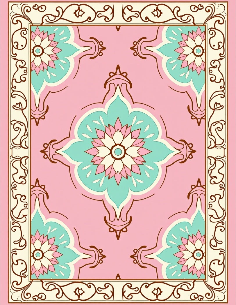 Pink Floral Medallion Cream Border Rug