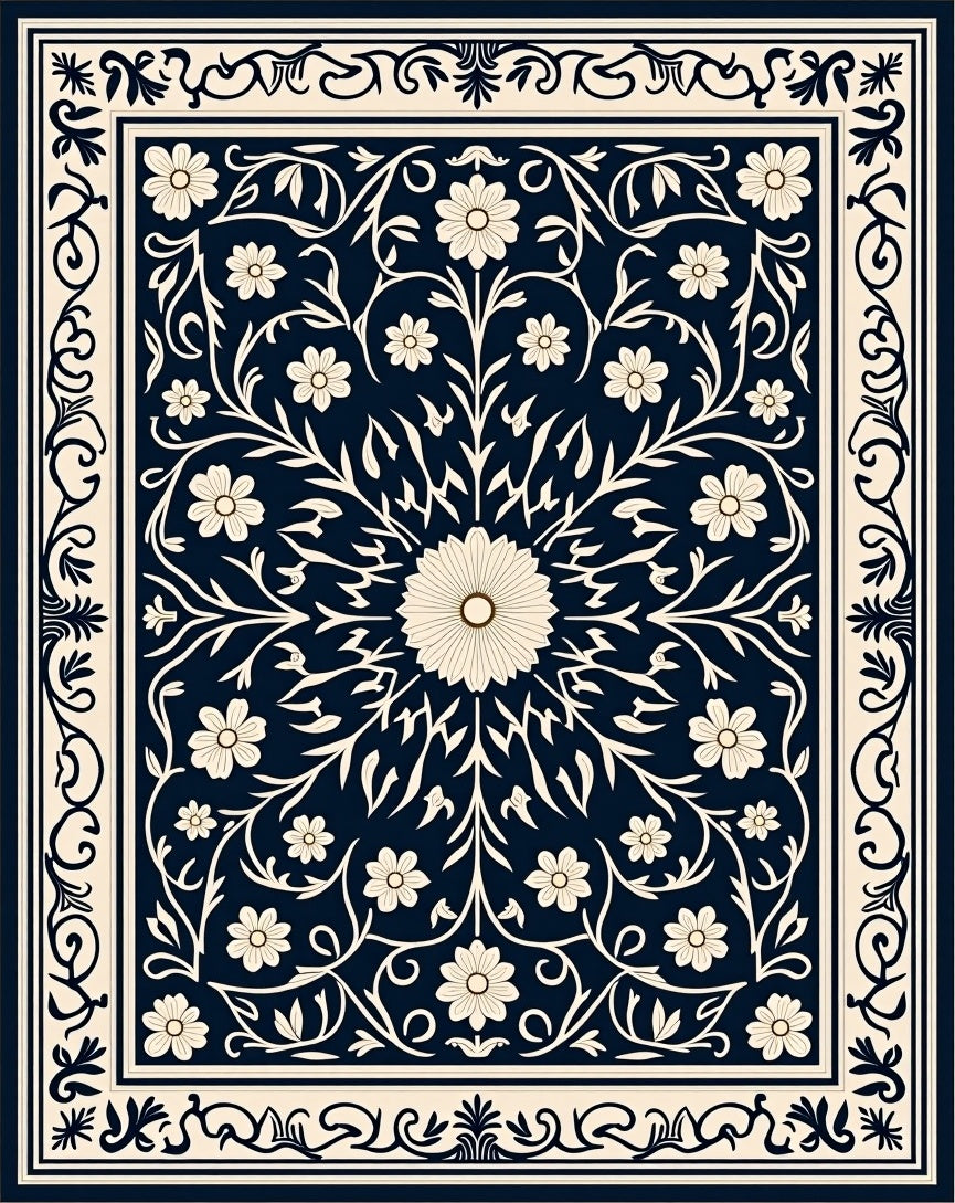 Classic Floral Scrollwork Navy Rug