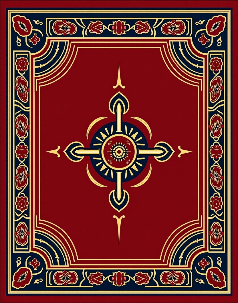 Elegant Red Blue Gold Floral Design Rug