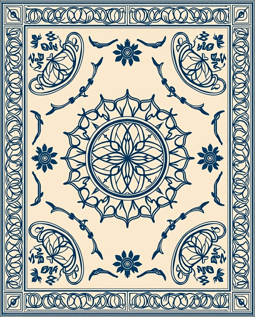 Ornate Navy Blue Mandala Pattern Rug