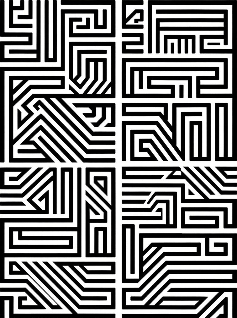 Bold Black White Geometric Maze Pattern Rug