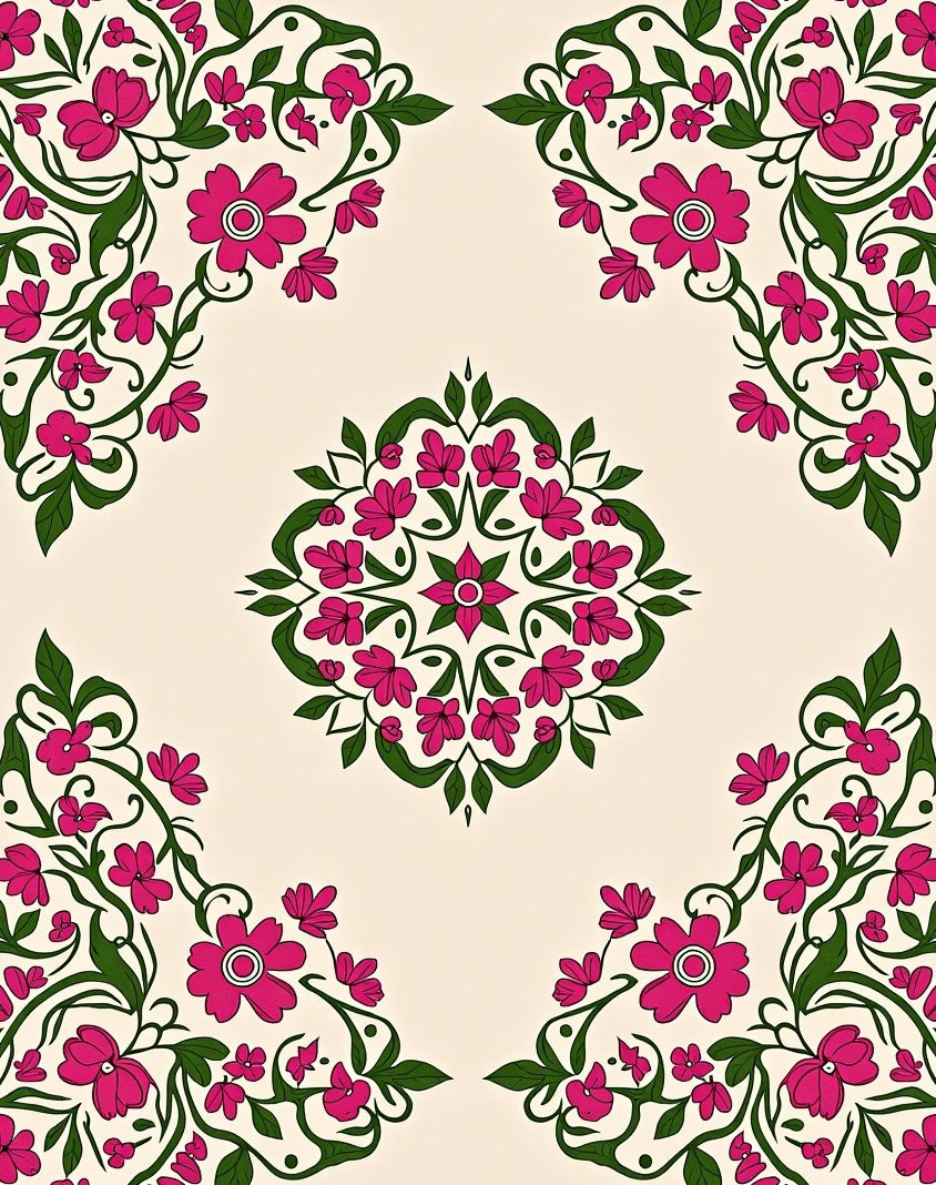Floral Mandala Design with Green Vines Rug
