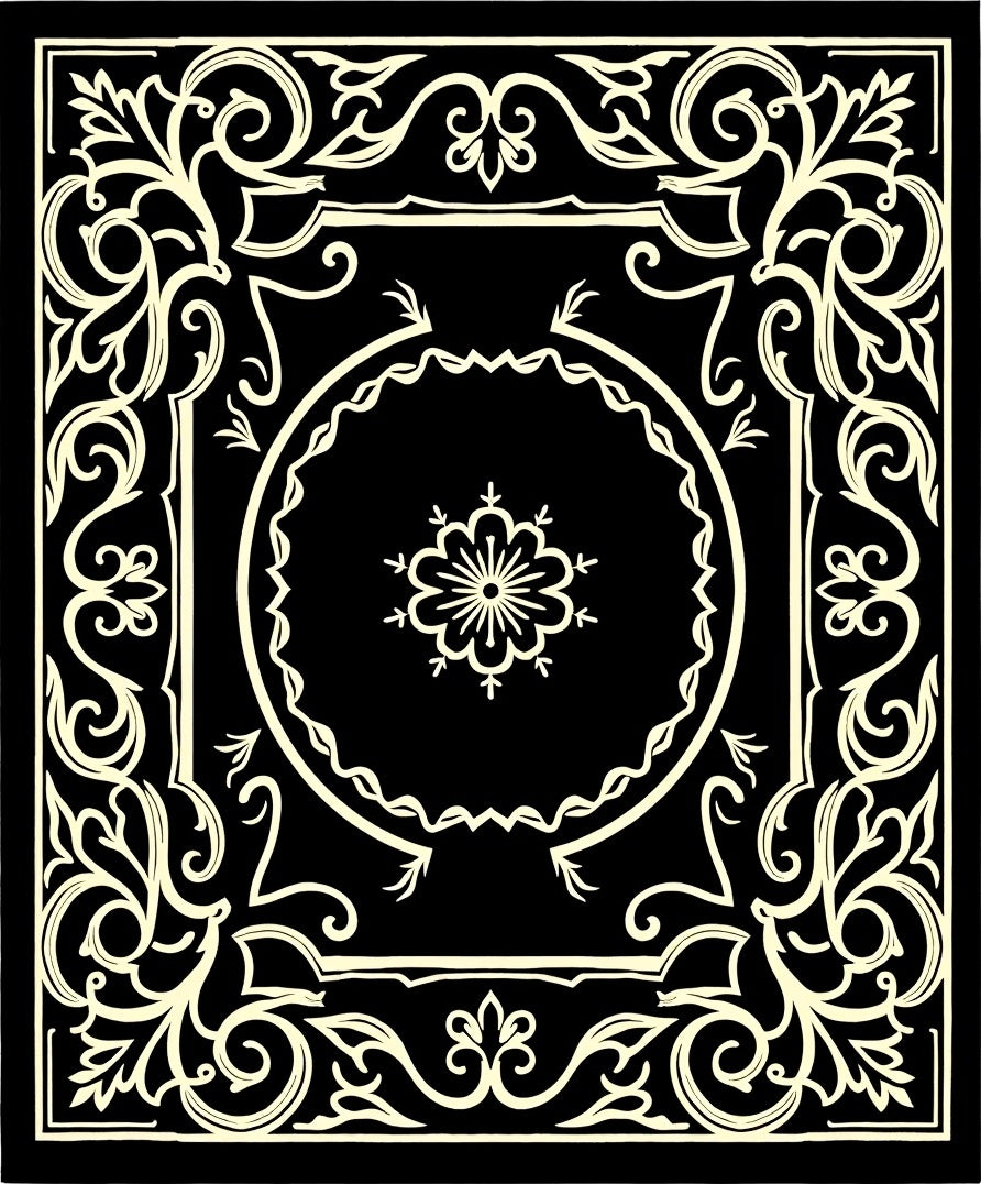 Ornate Floral Black Cream Scroll Rug