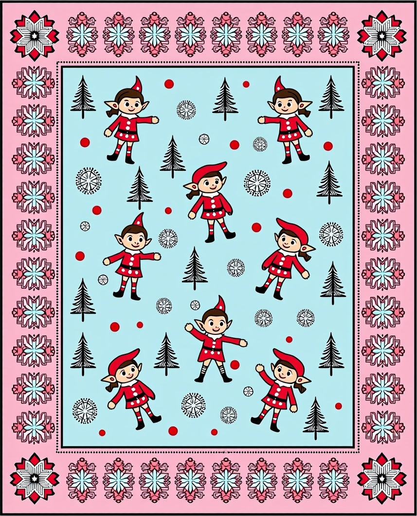 Playful Elf And Tree Snow Border Rug