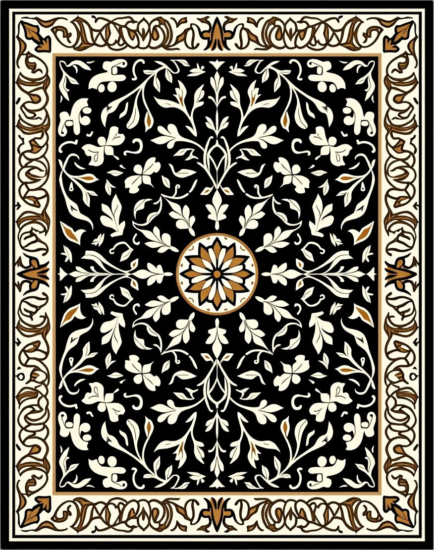 Black Floral Medallion Intricate Pattern Rug