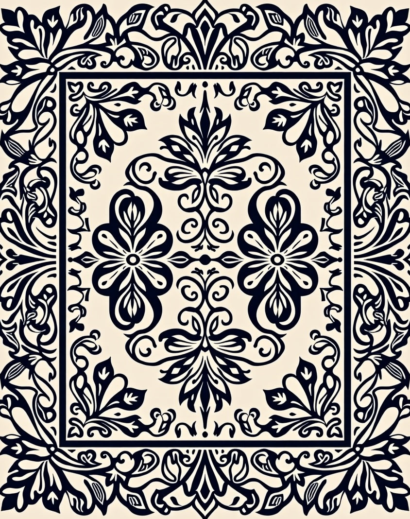 Black Floral Medallion Ornate Pattern Rug