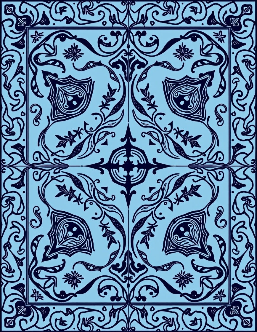 Sky Blue Organic Scrollwork Medallion Rug
