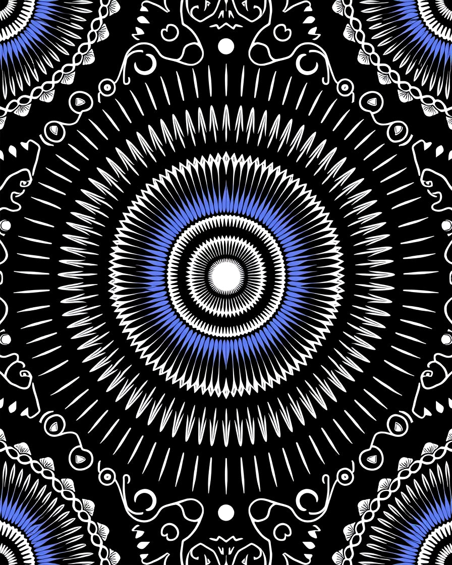 Radial Symmetry Black Blue White Design Rug