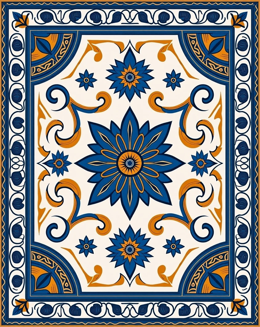 Central Floral Scrollwork Design Rug