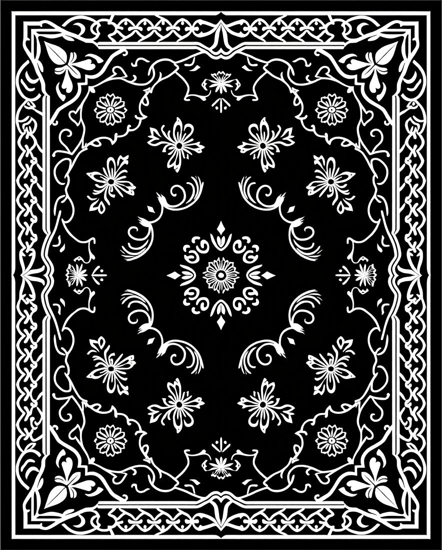 Elegant Black and White Floral Medallion Design Rug