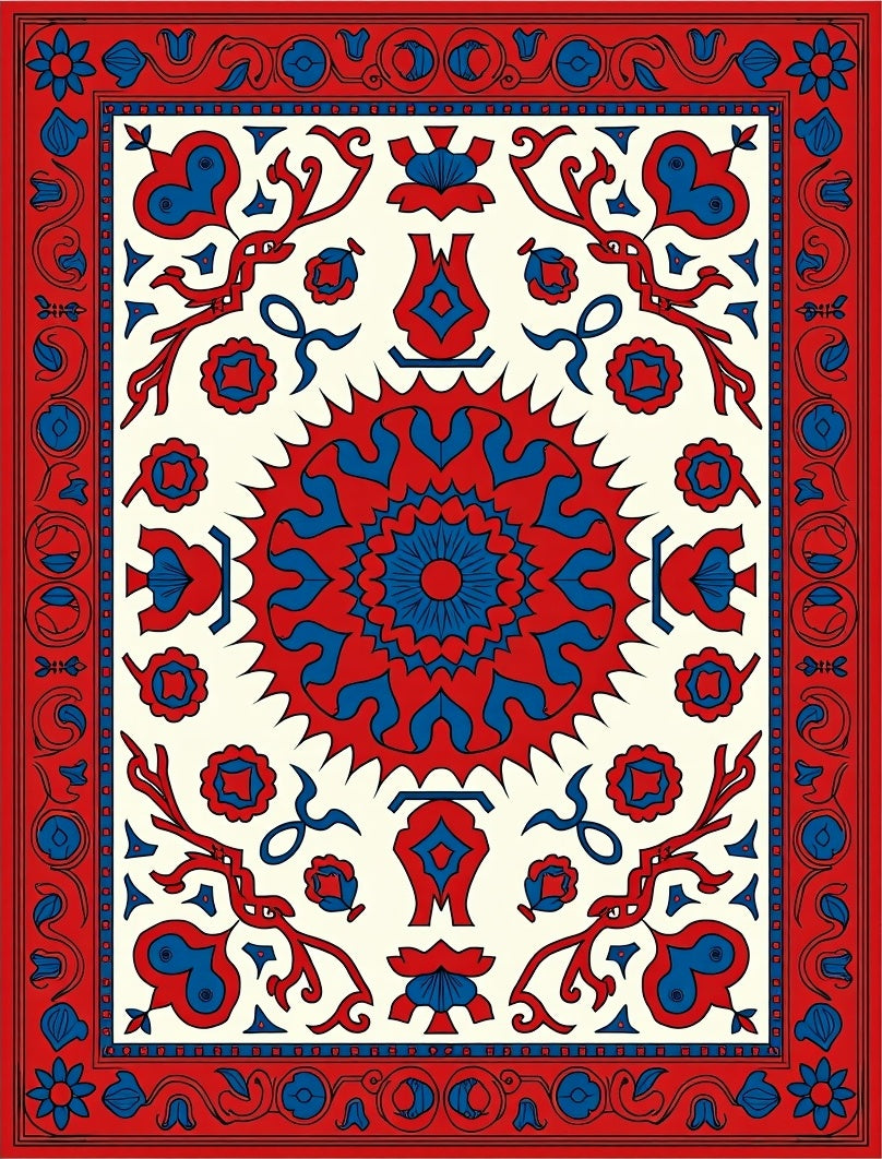 Crimson Red Royal Blue Floral Medallion Rug