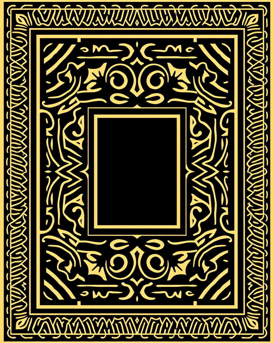 Black Gold Ornate Frame Pattern Rug