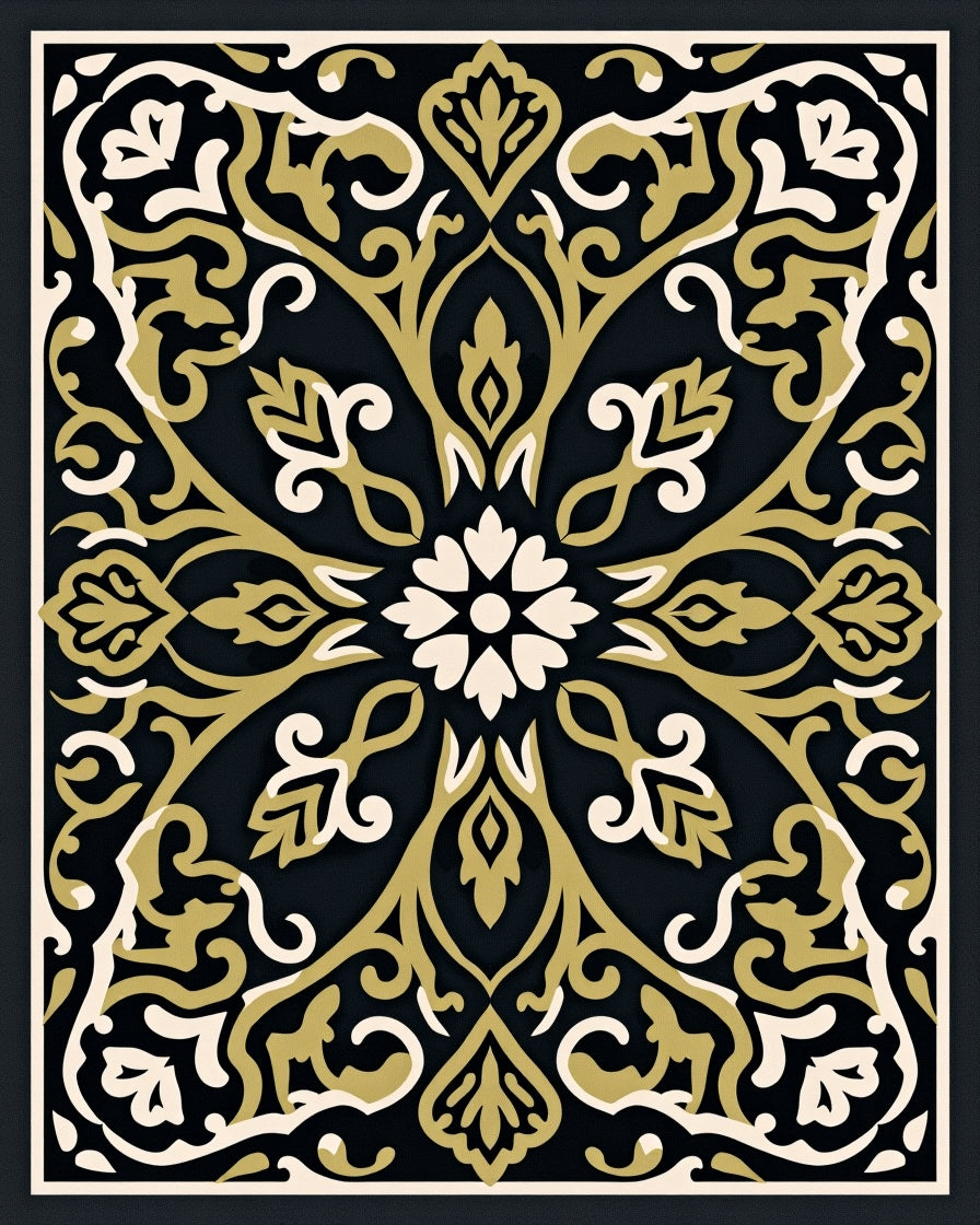 Intricate Gold Floral Damask Design Rug