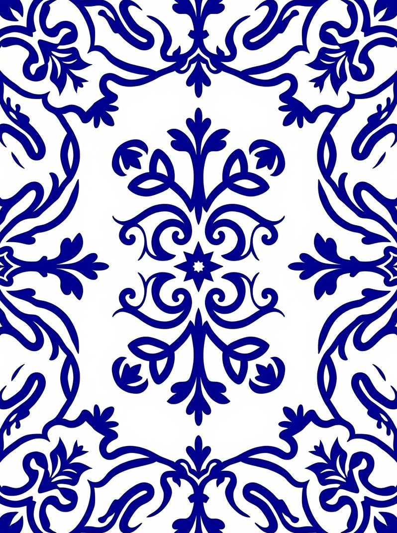 Intricate Blue Floral Scrollwork Damask Rug
