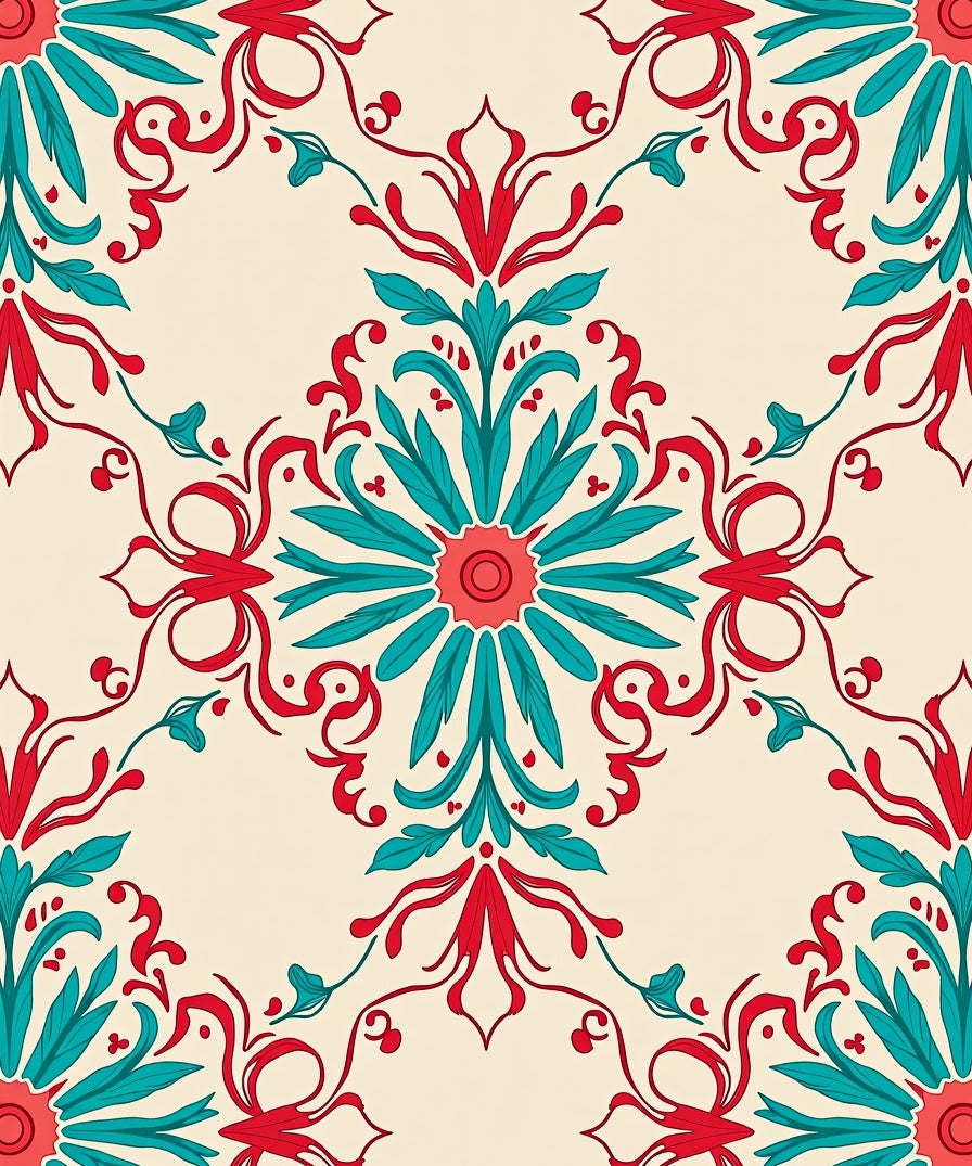 Regal Red Teal Floral Mandala Design Rug