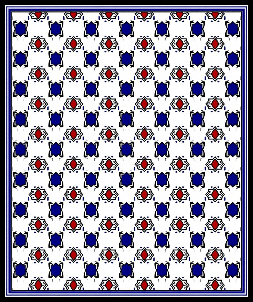 Classic Red Blue Geometric Tile Pattern Rug