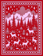 Crimson Whimsical Forest Deer Scene Rug