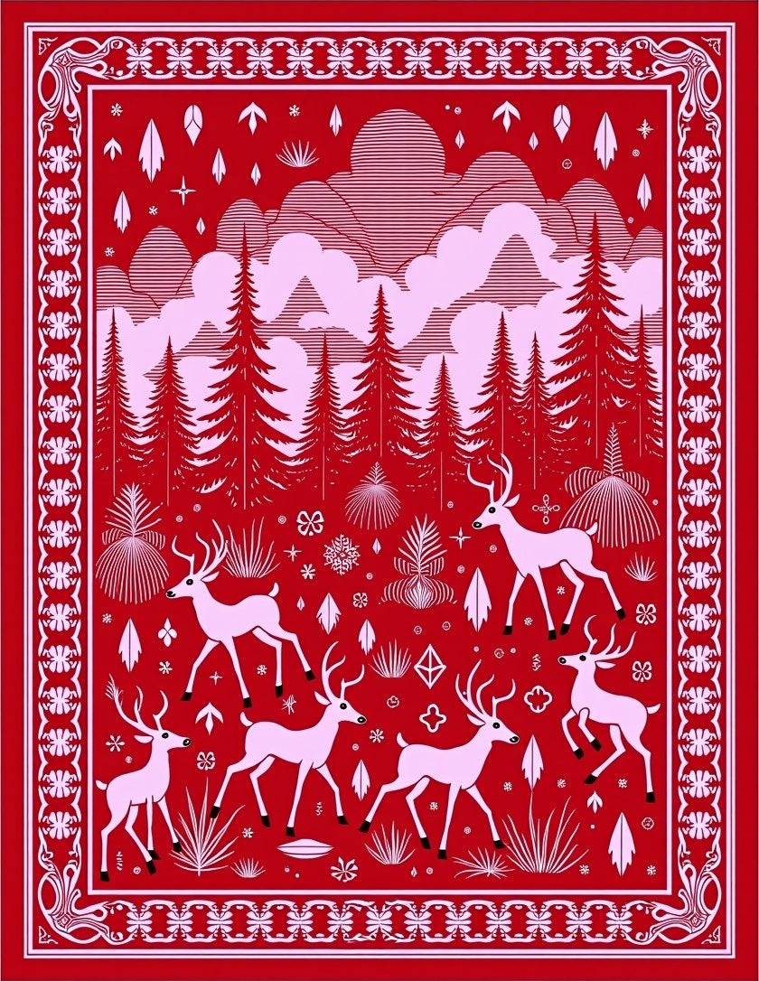 Crimson Whimsical Forest Deer Scene Rug