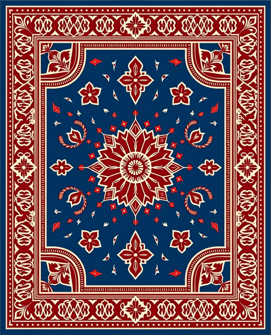Rich Red Blue Ornate Floral Design Rug